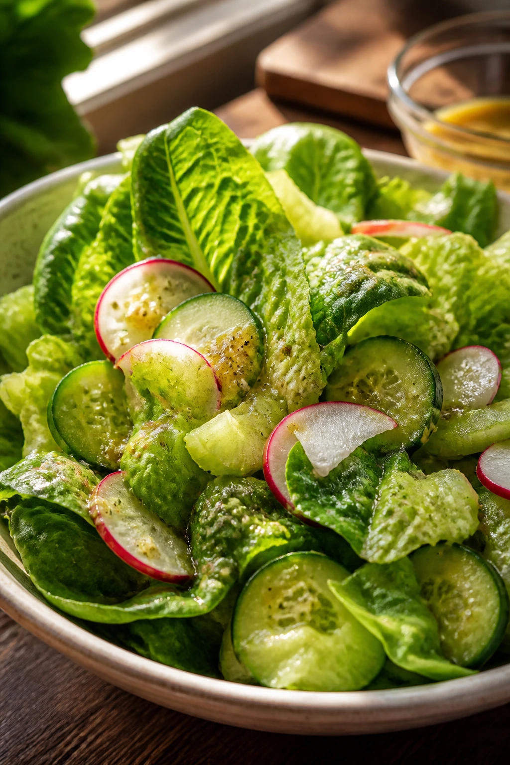 Close-up of a vibrant green salad with leafy greens and crisp vegetables with glossy dressing