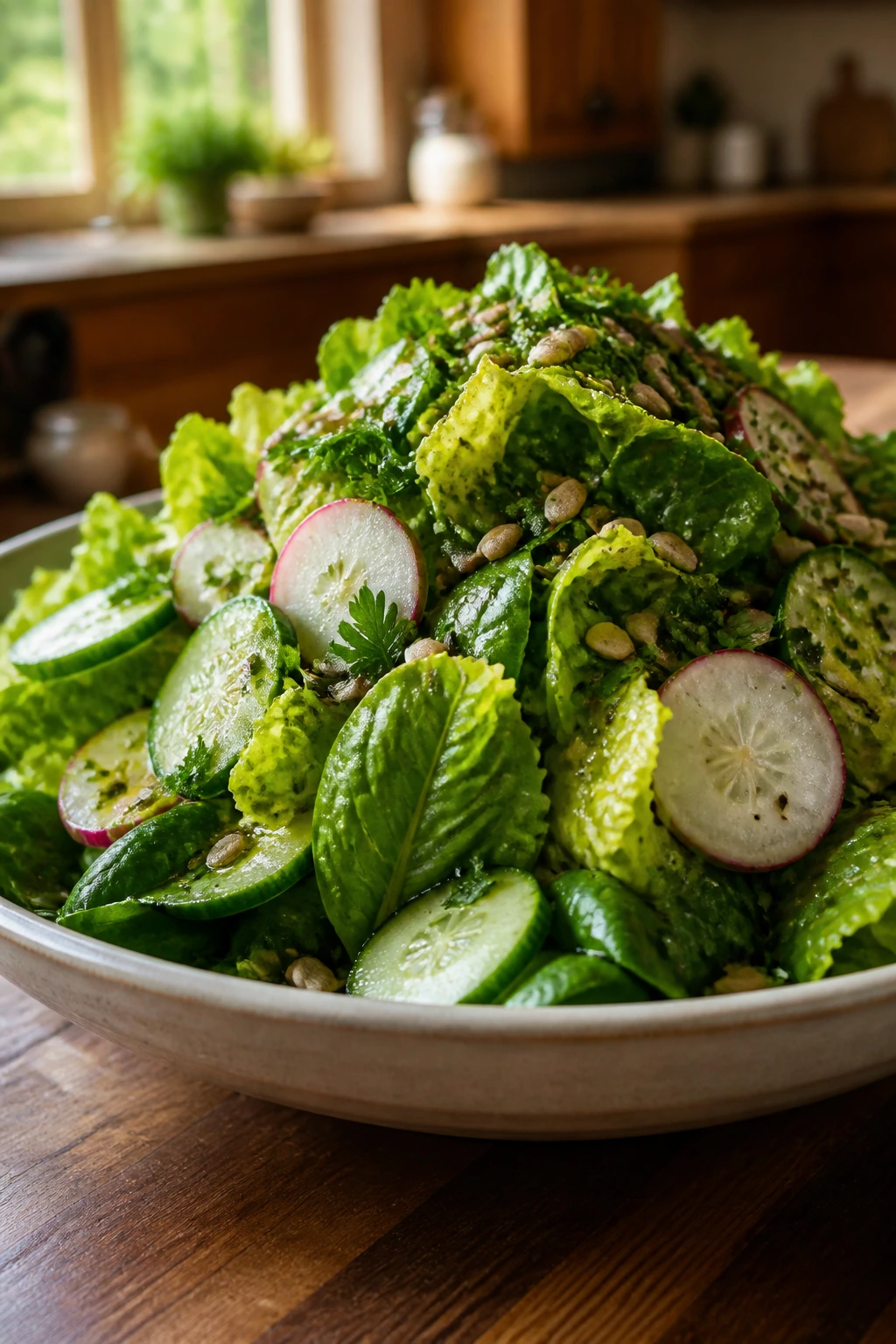 Close-up of a tall mound of mixed greens in a shallow bowl with cucumber and radish, seeds and parsley on top