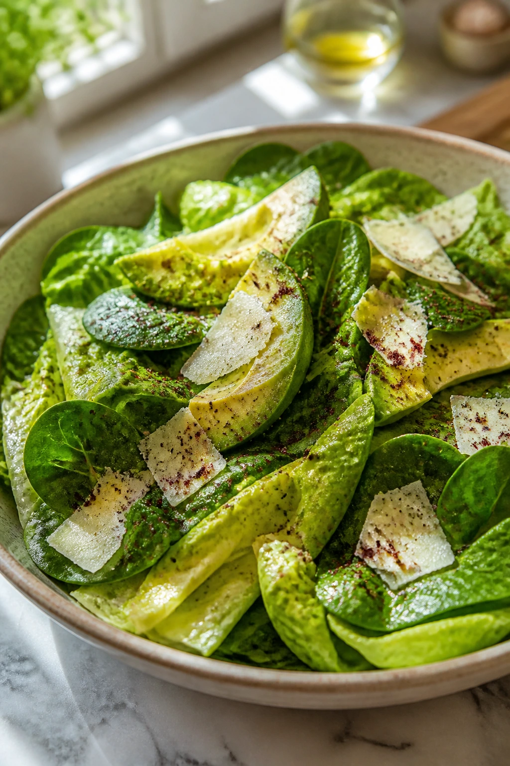 Salad with avocado slices and parmesan on top in a bright kitchen