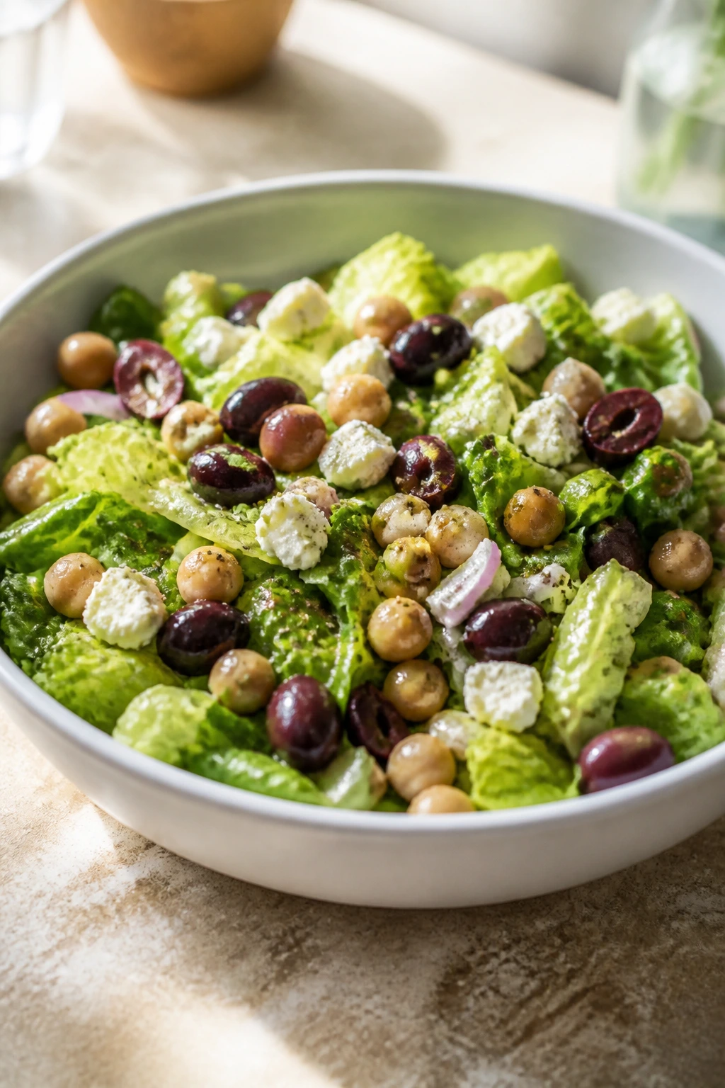 Green salad with feta, olives, and chickpeas on top