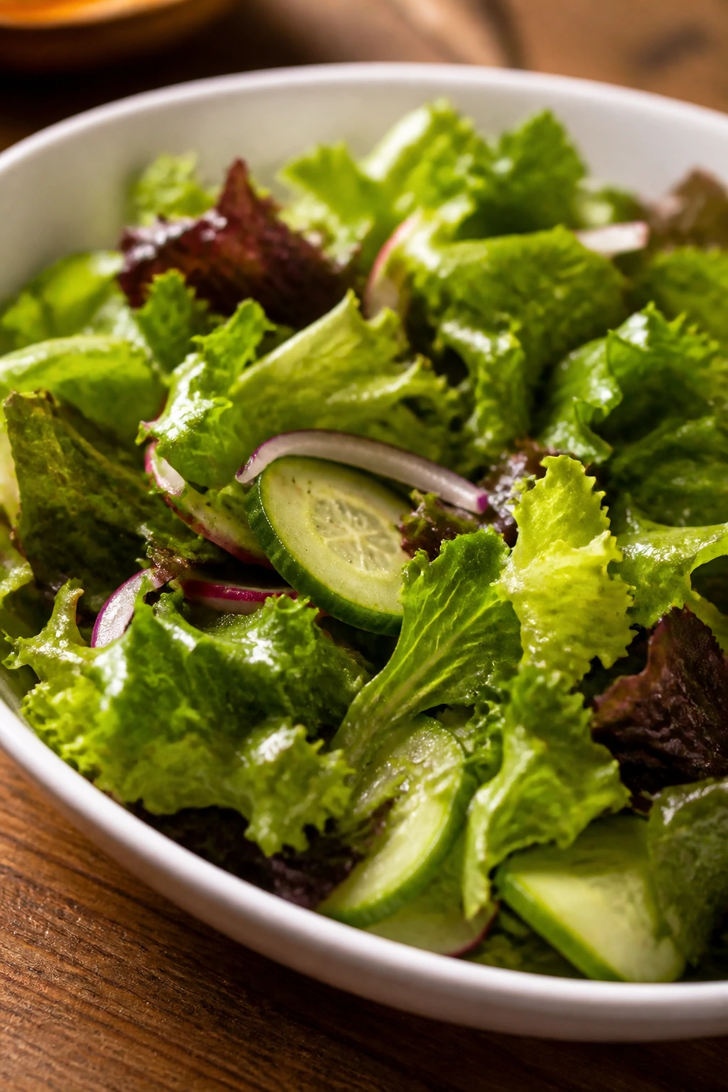 Bright green salad with vinaigrette as a side dish.