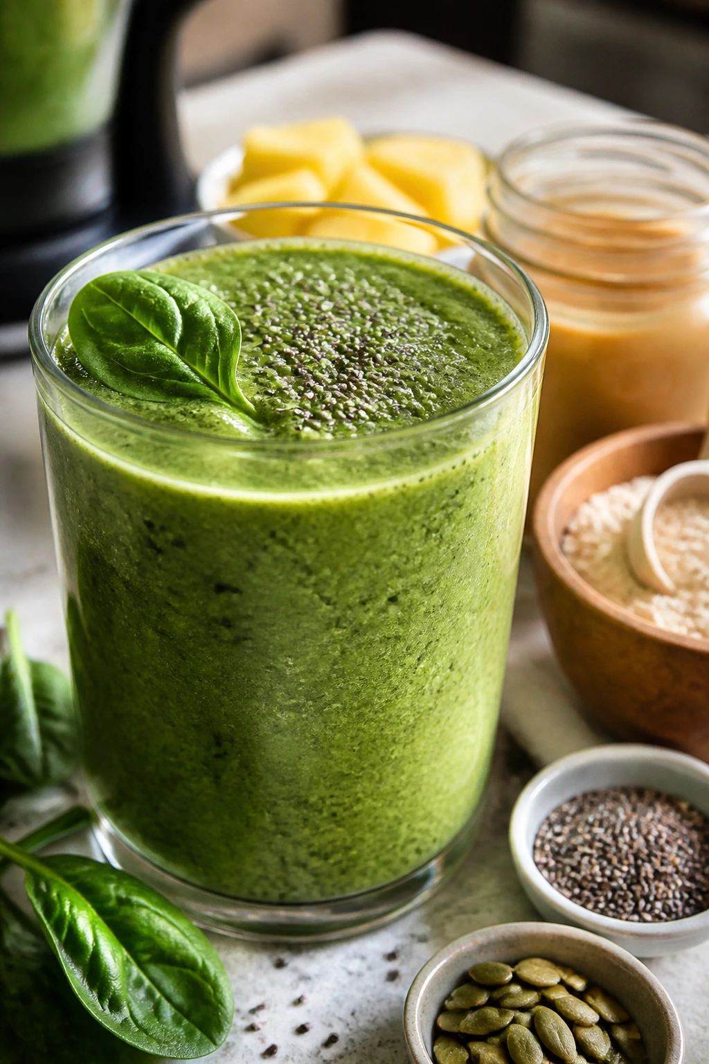 Close-up of green smoothie with spinach, chia seeds in a glass