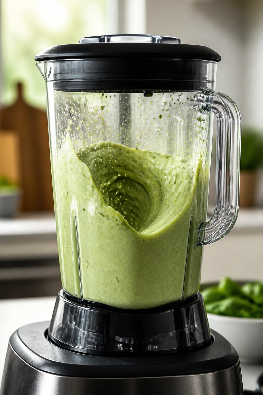 Close-up of blender blending pale green smoothie on kitchen counter