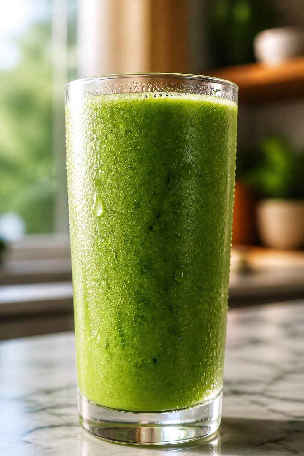 Close-up of a tall glass with cold green smoothie in a kitchen