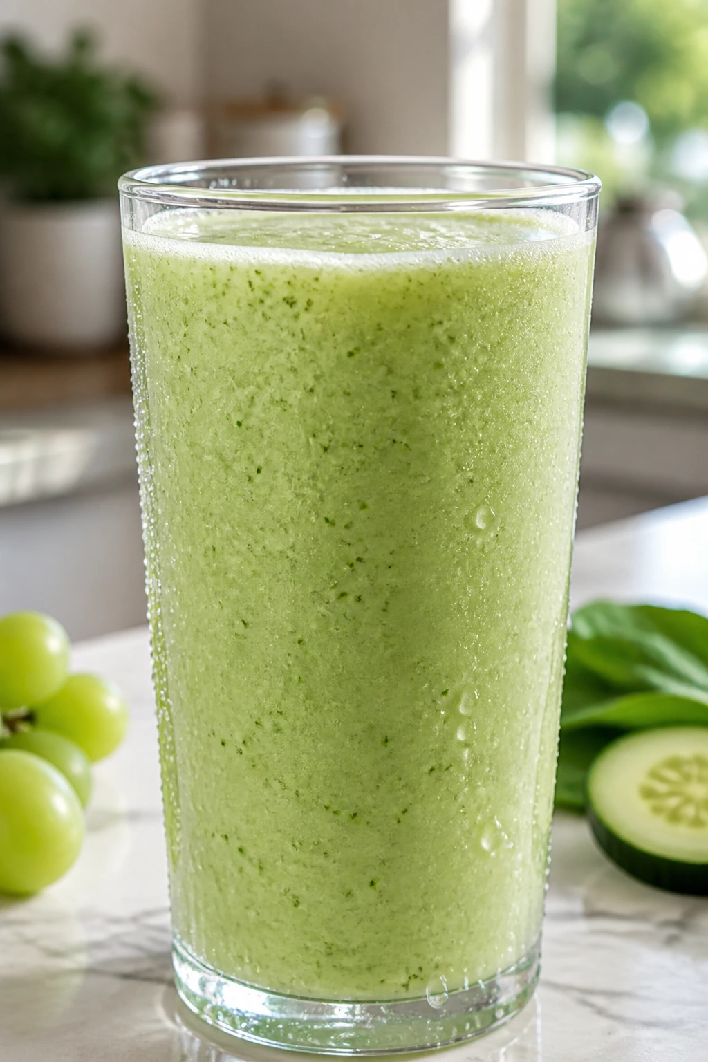 Close-up of pale-green smoothie in glass on kitchen counter with condensation
