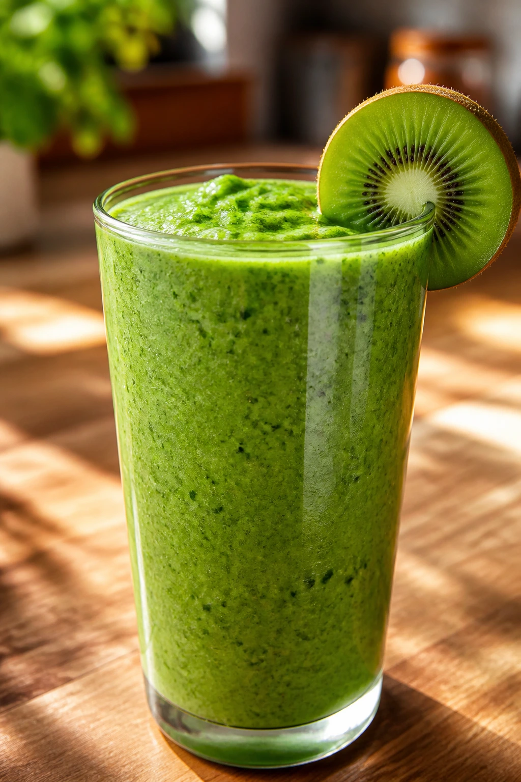 Close-up of bright green Kiwi Pineapple Spinach Smoothie in a glass on a sunlit kitchen counter