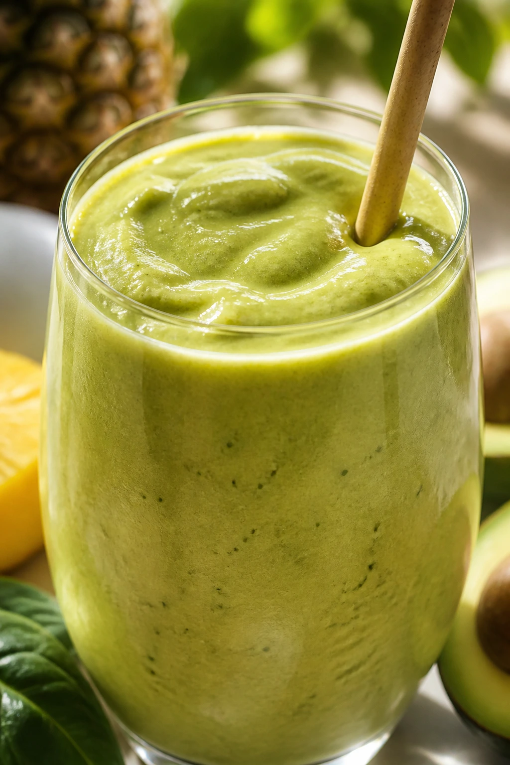 Close-up of pale green tropical smoothie in glass on sunny counter