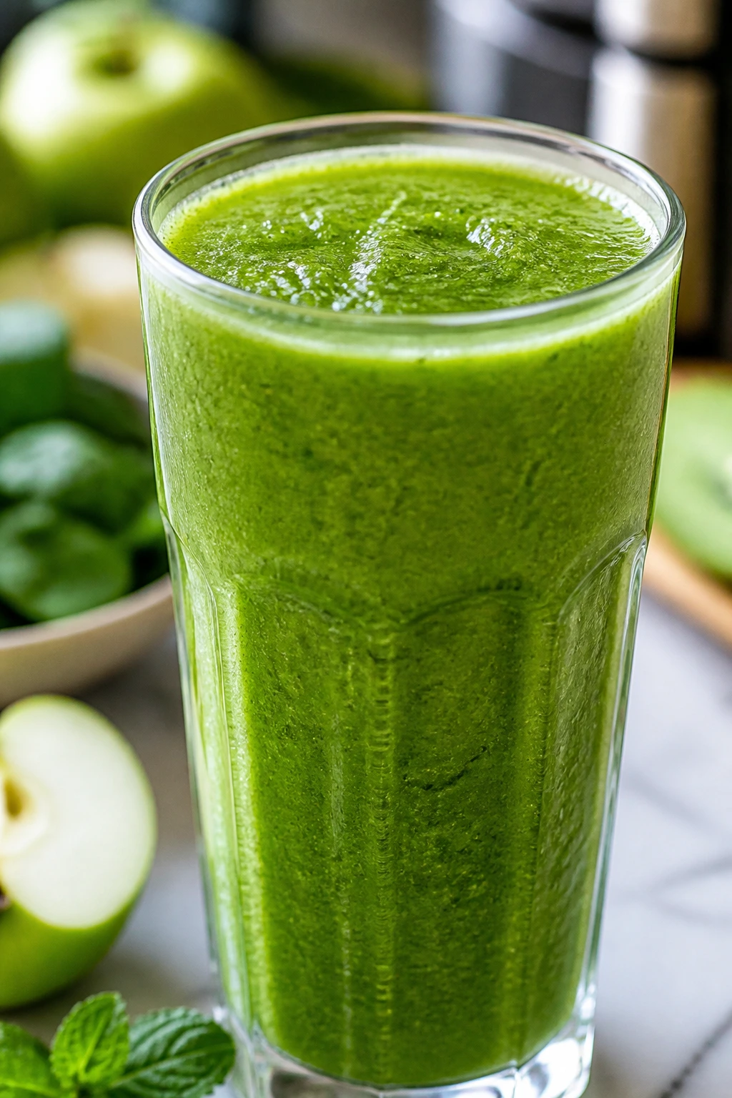 Emerald green spinach mint smoothie in a glass on a bright kitchen counter