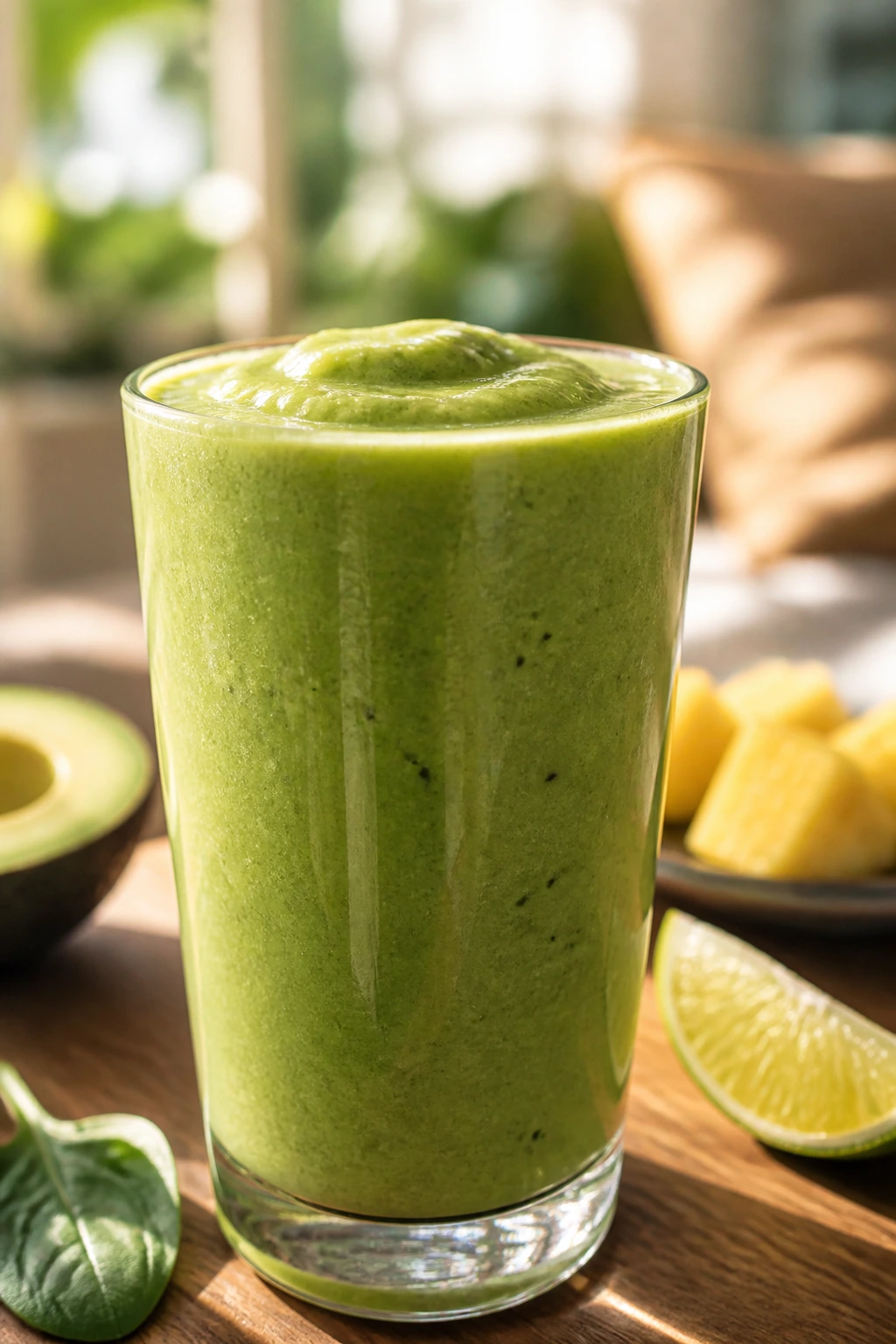 Bright green Pina Verde Smoothie in a glass on a sunny counter