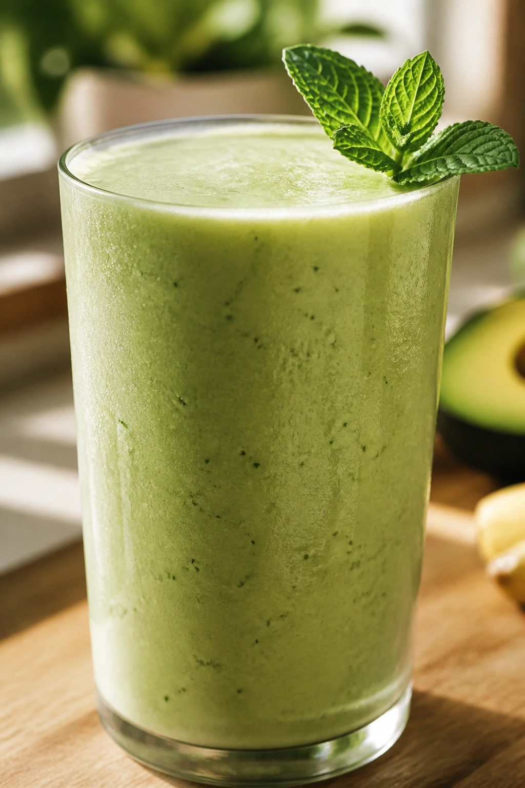 Close-up of pale green Coconut Water Green Smoothie in a frosted glass with mint on a sunlit wooden counter