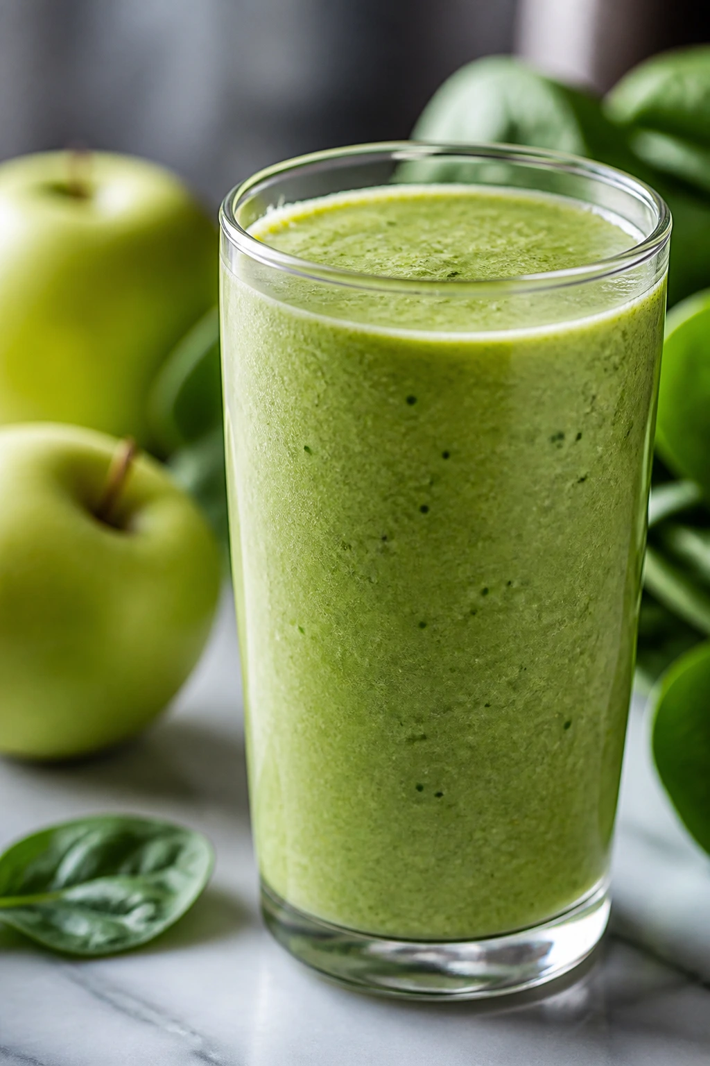 Green apple spinach smoothie in glass