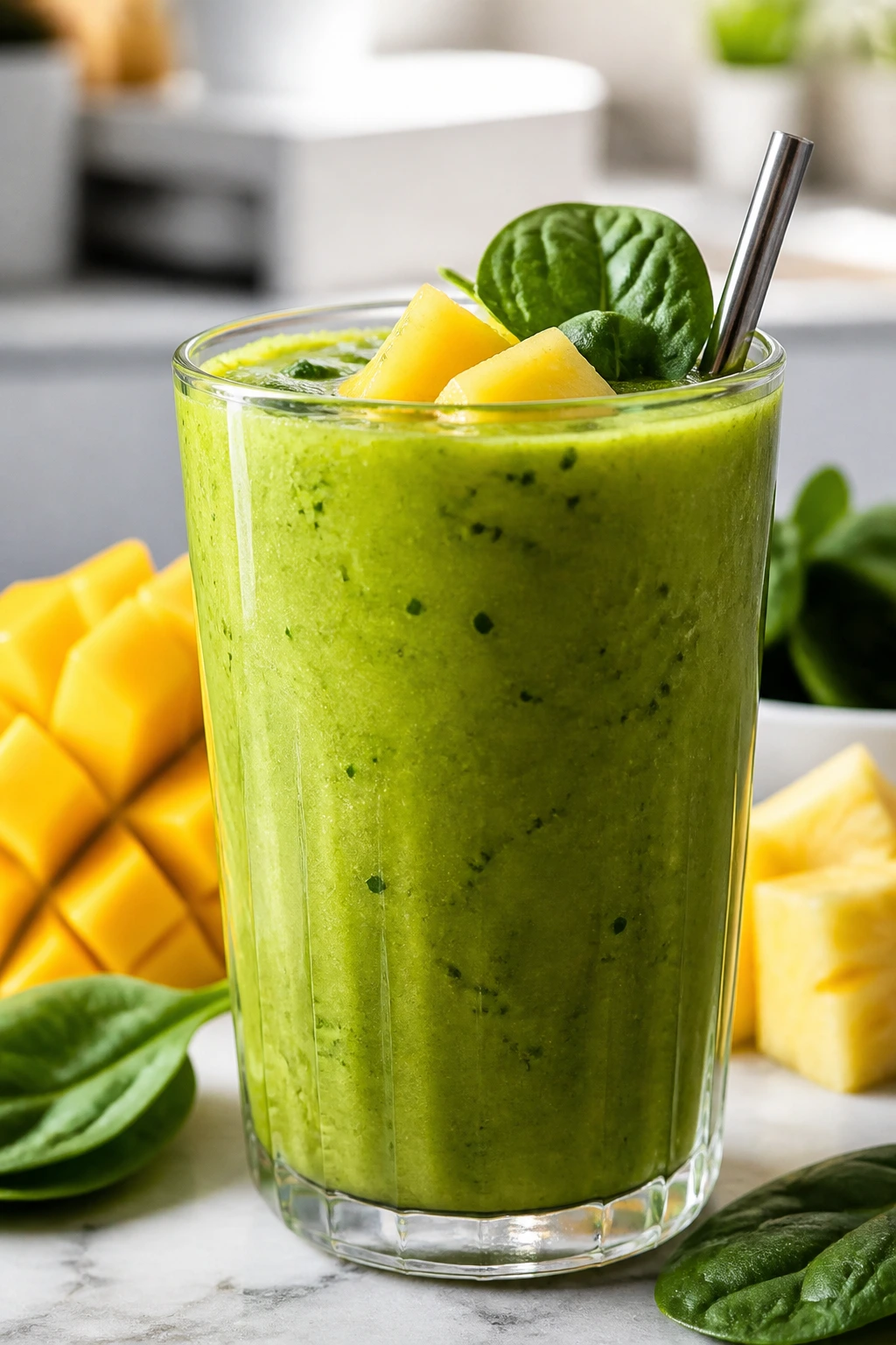 Green tropical smoothie with spinach in a glass on a bright kitchen counter