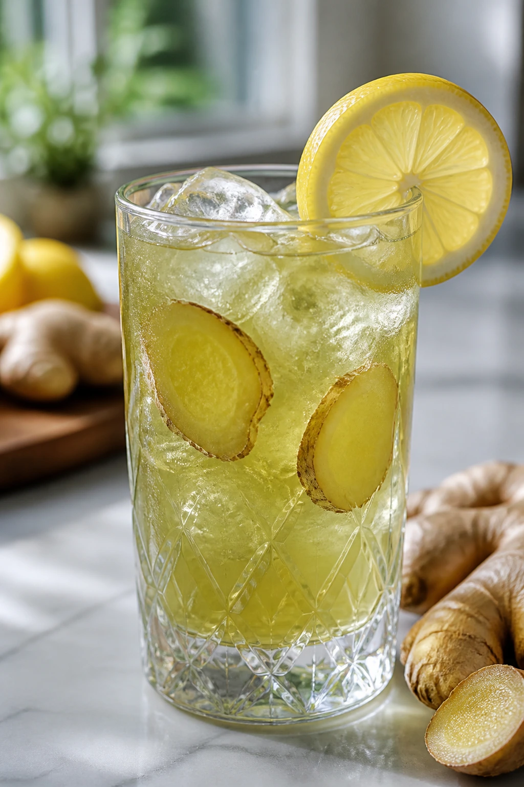 Glass of lemon-ginger green iced tea with lemon slice and ginger