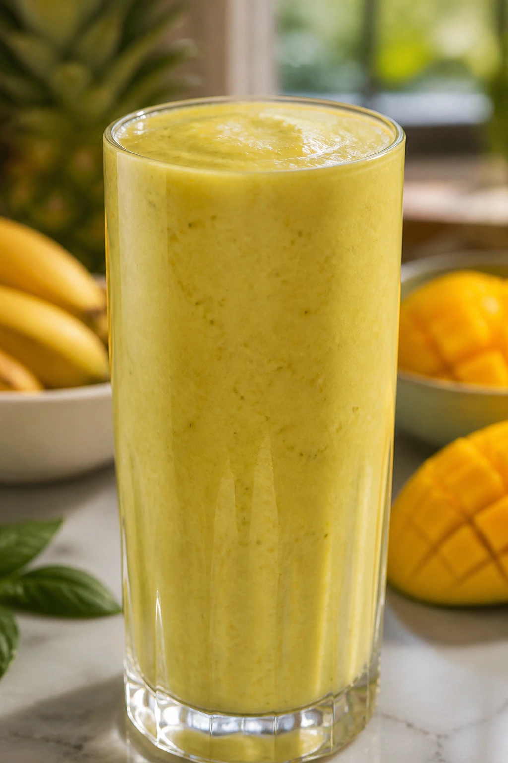 Tall glass of green tea mango banana smoothie on a sunlit kitchen counter