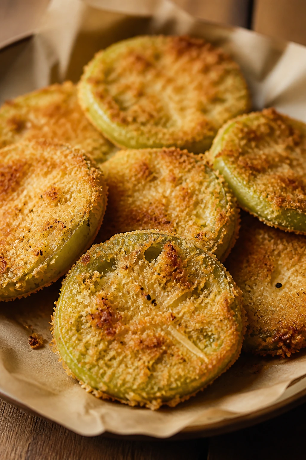 Green tomato slices with Parmesan crust on rustic plate.