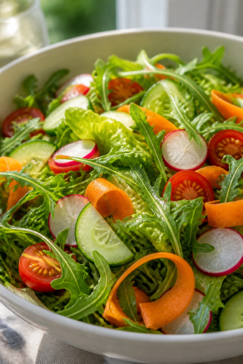 Close-up of fresh greens and crisp vegetables in a bowl