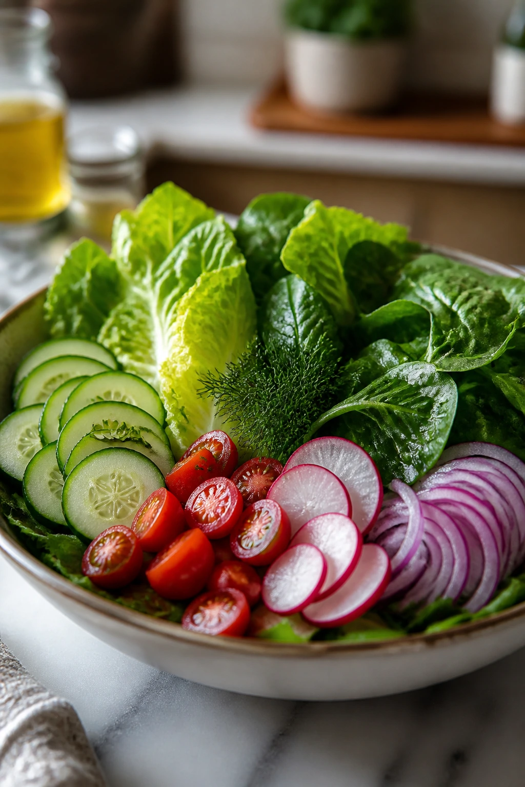 Close-up of greens with cucumber, tomatoes, radish, onion and herbs on a kitchen counter