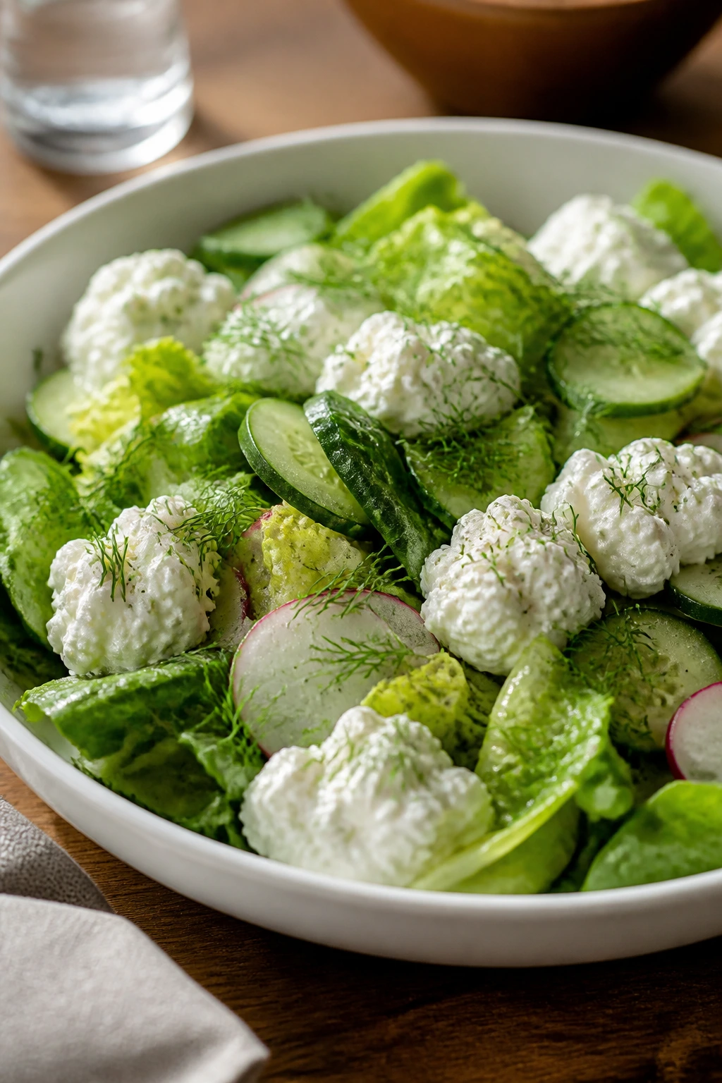 Wide shallow bowl with greens and cottage cheese dollops topped with dill
