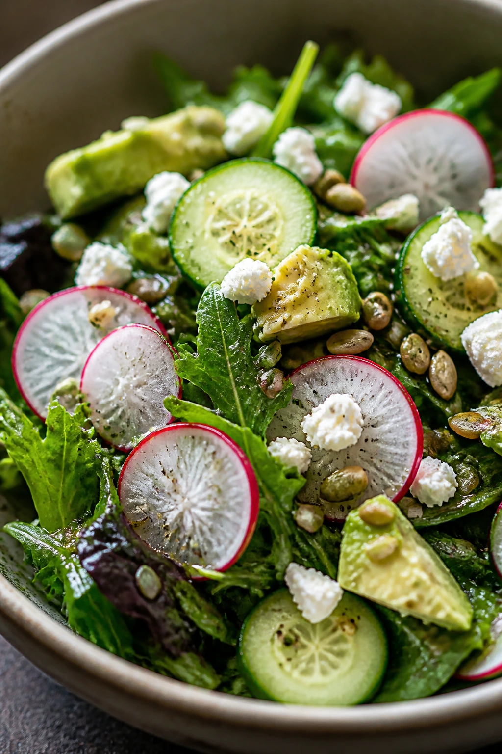 Close-up highlighting greens, cucumber, radish, avocado, feta, and seeds in a salad