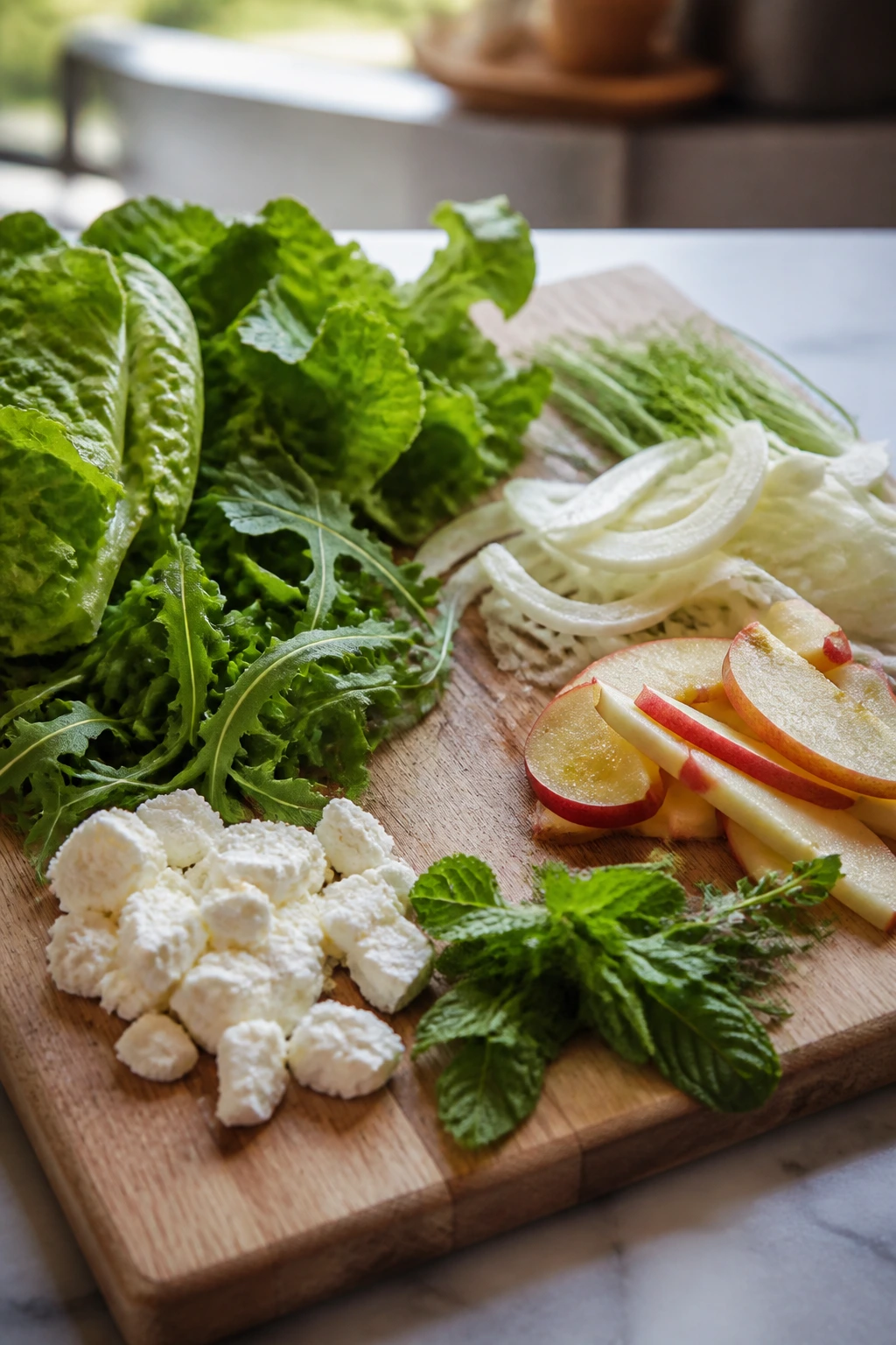 Green salad greens separated from fruit and herbs on a cutting board