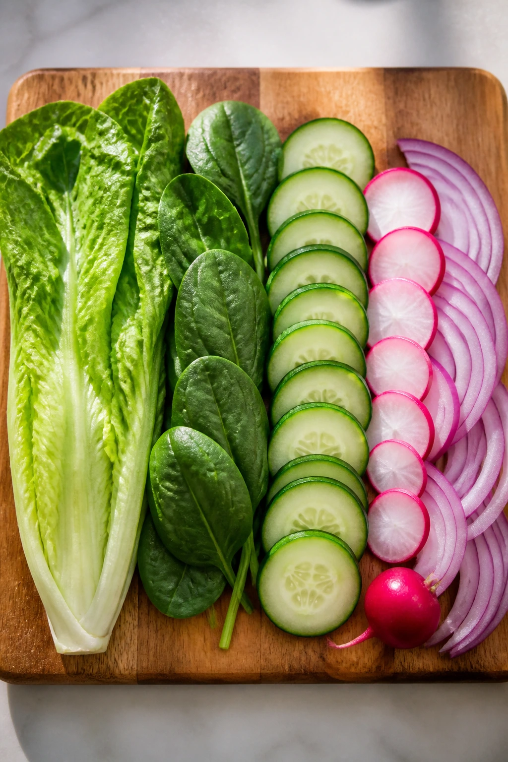 Top-down view of a simple lineup of greens and vegetables on a cutting board