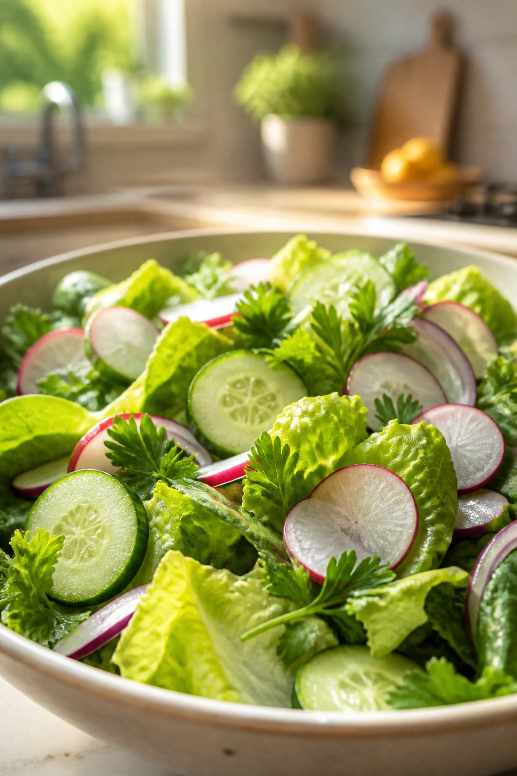 Colorful salad bowl with romaine, spinach, cucumber, radishes and parsley