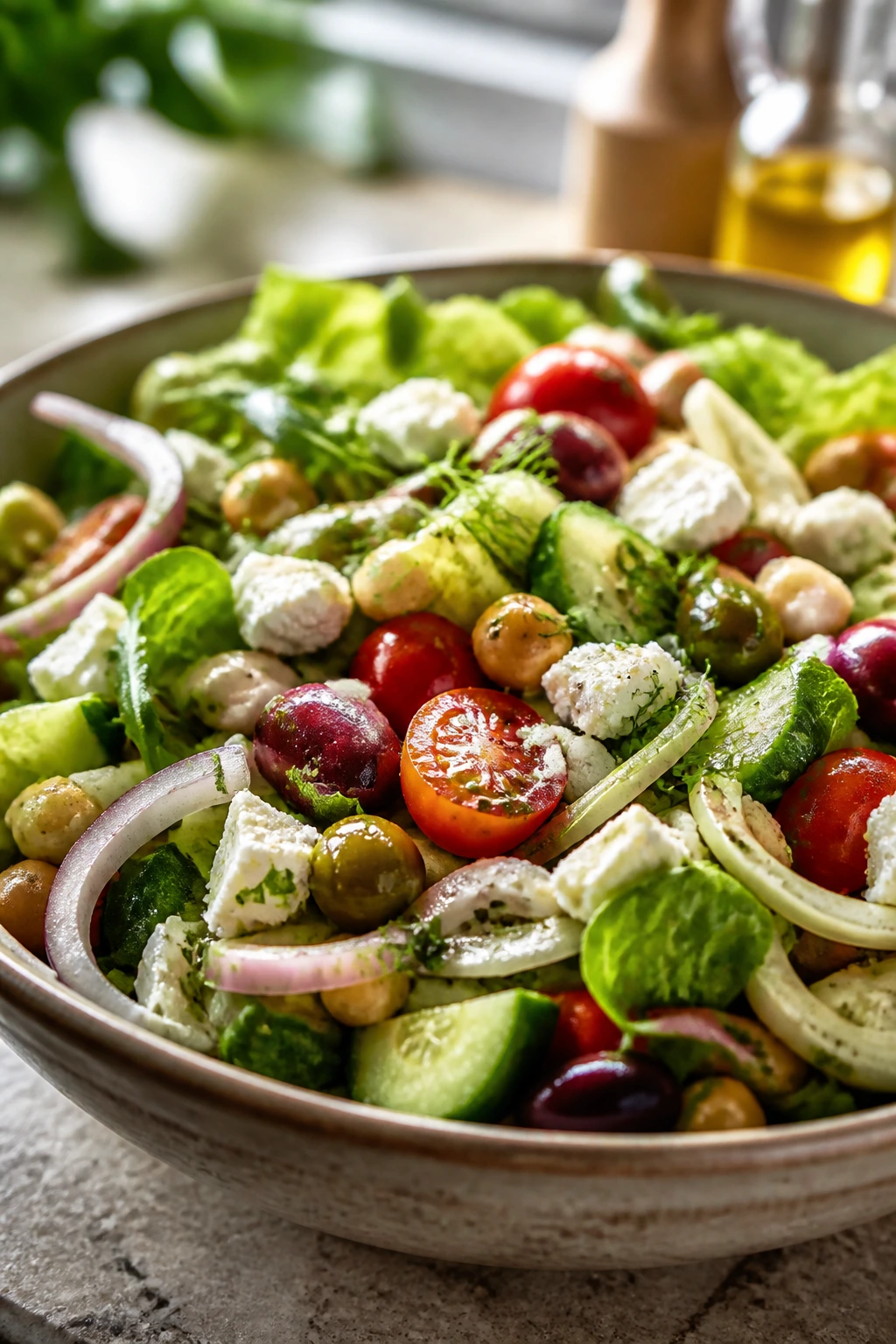 Close-up of a multilayered salad highlighting greens, tomatoes, feta, and chickpeas