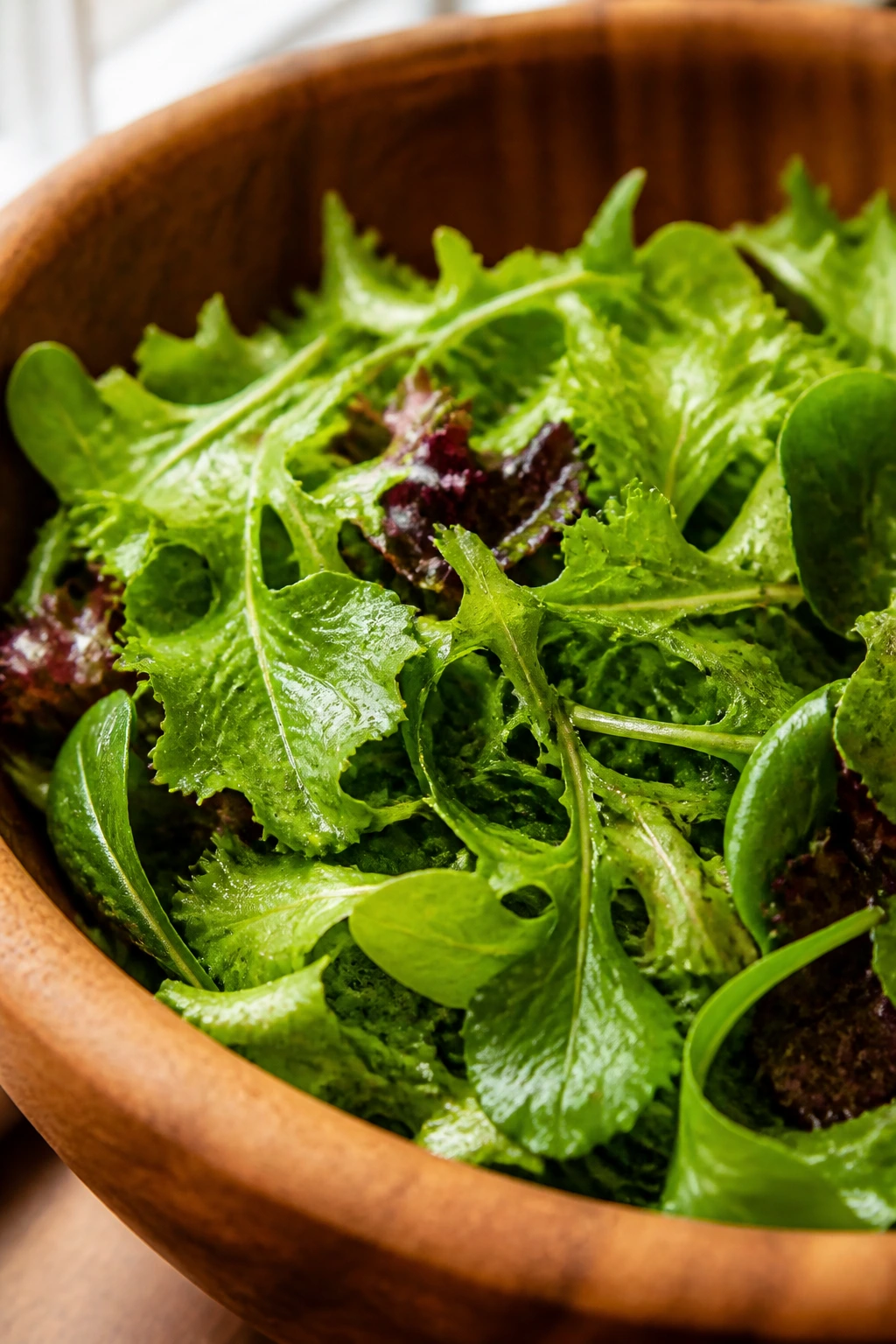 Close-up of crisp greens with lemon vinaigrette in a wooden bowl
