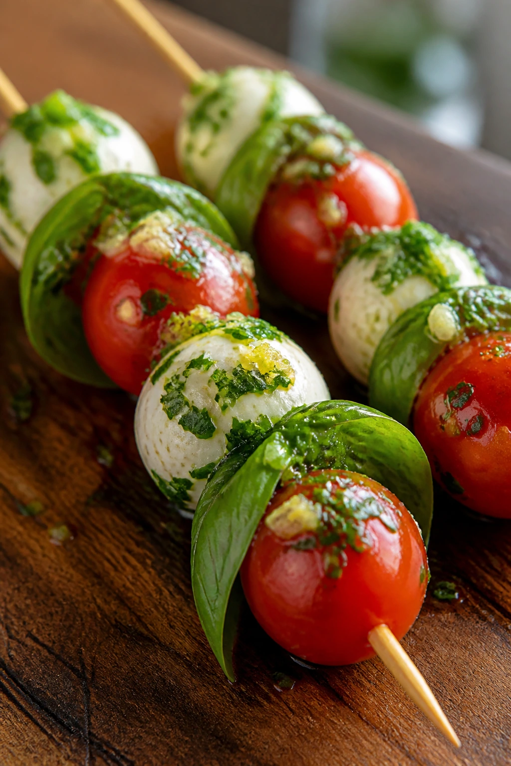 Close-up of gremolata-topped caprese skewers on a rustic wooden board