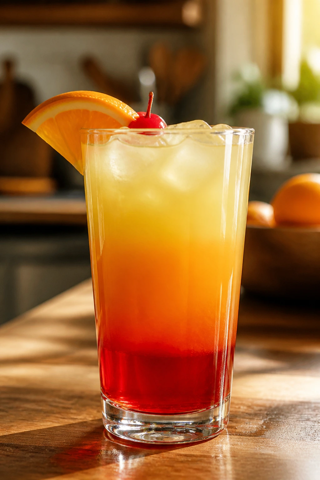 Close-up of layered Malibu Sunrise showing a distinct red grenadine bottom layer.