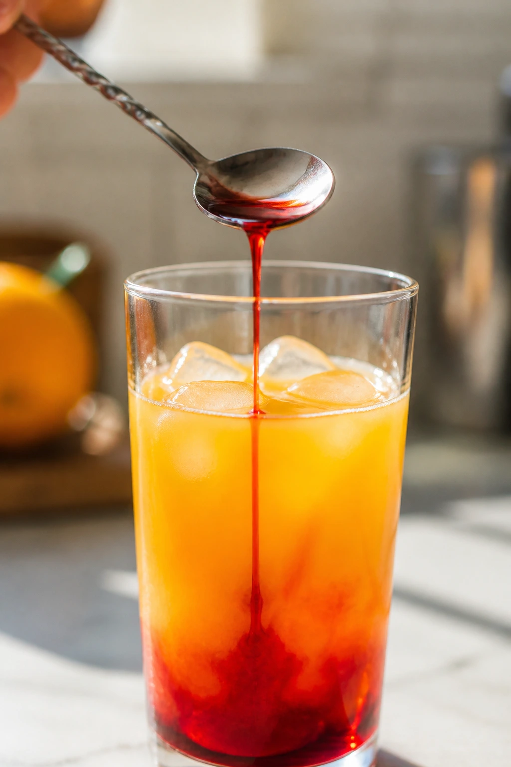 Grenadine pouring into a layered sunrise cocktail to form the red layer