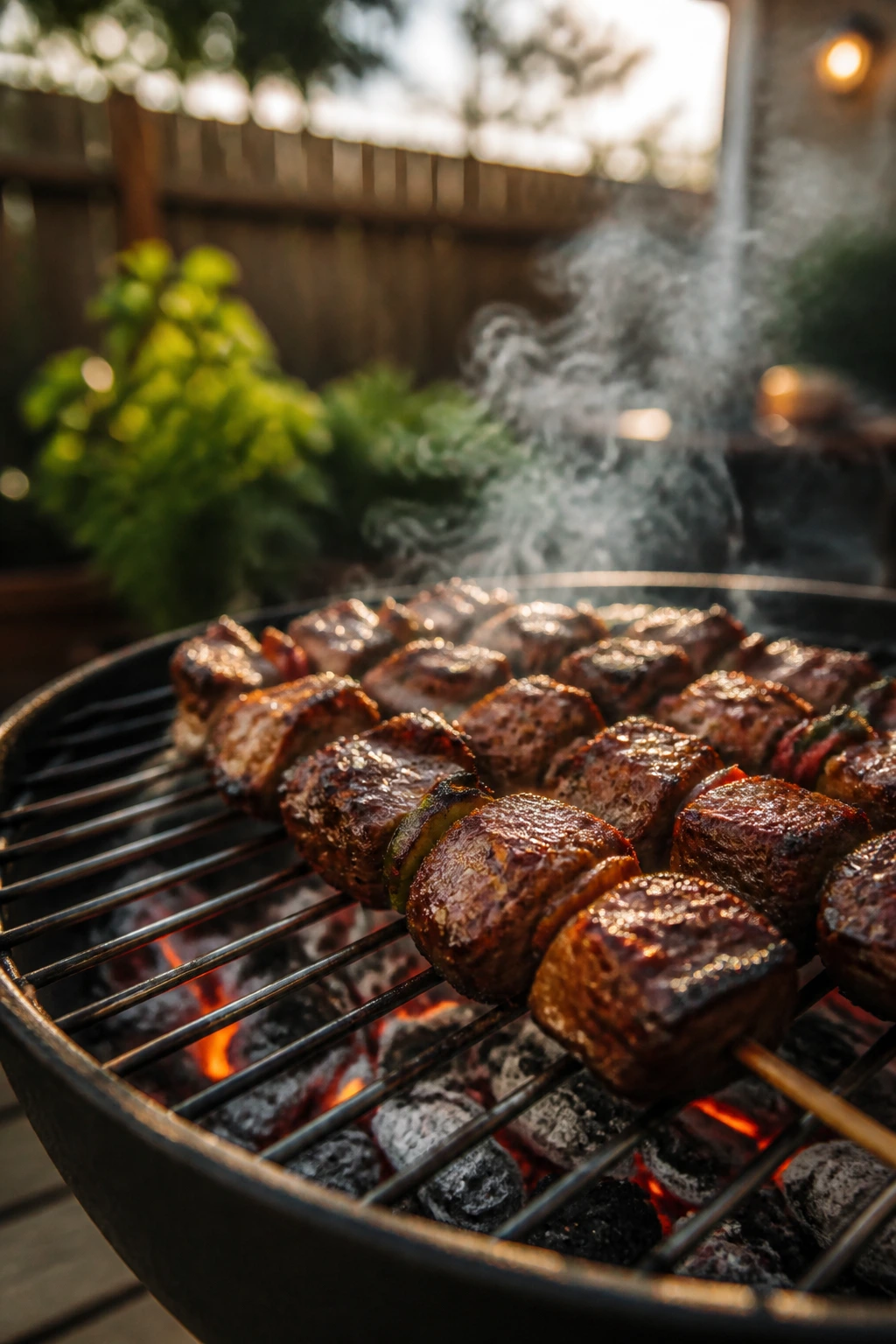 Close-up of a grill with embers and skewers cooking in a backyard