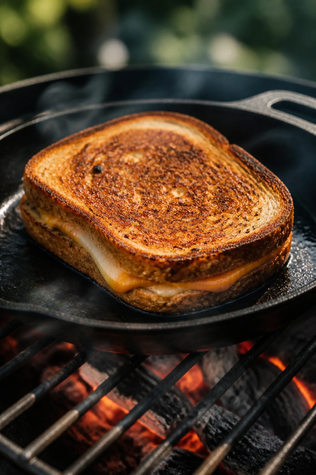 Close-up of a grilled cheese sandwich on a cast-iron skillet over a backyard grill