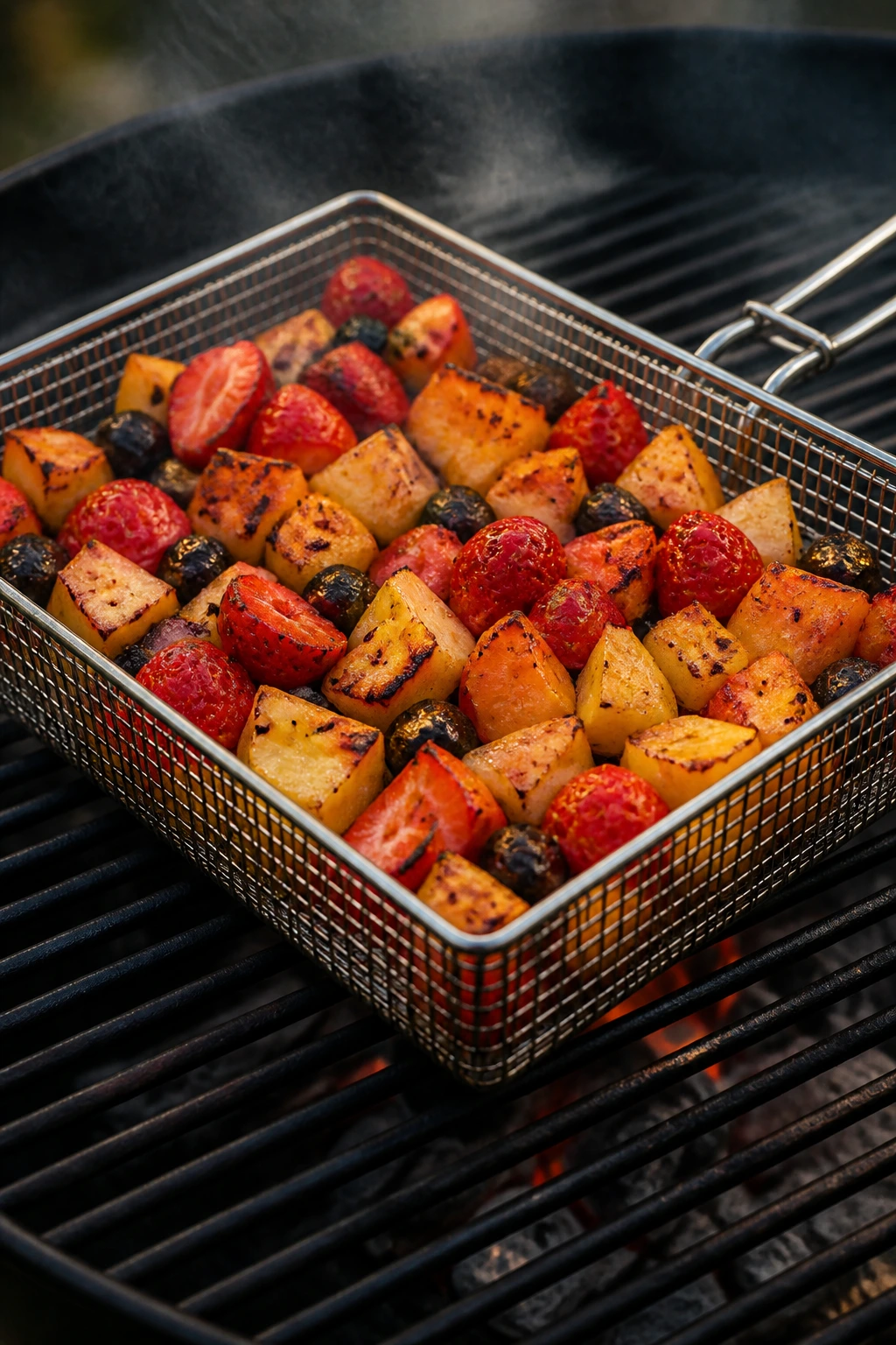 Metal grill basket filled with small fruit pieces on a hot grill