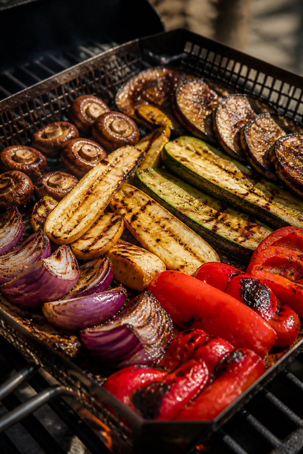 Grill basket brimming with colorful vegetables cooking on a grill