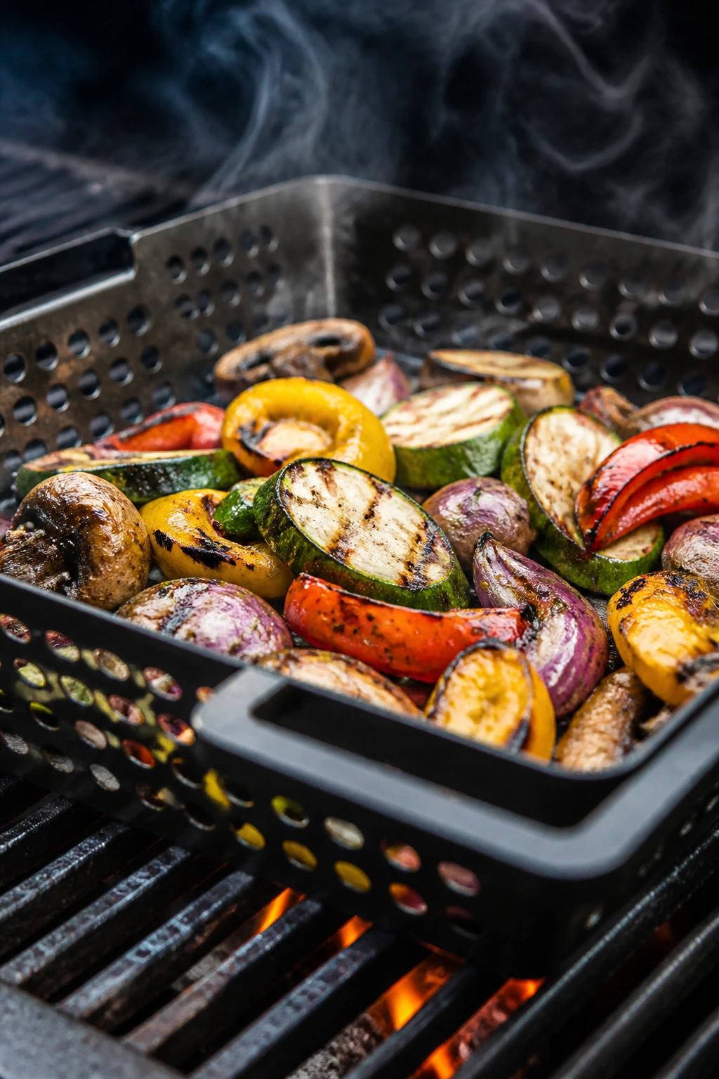 Grill basket with vegetables on a hot grill