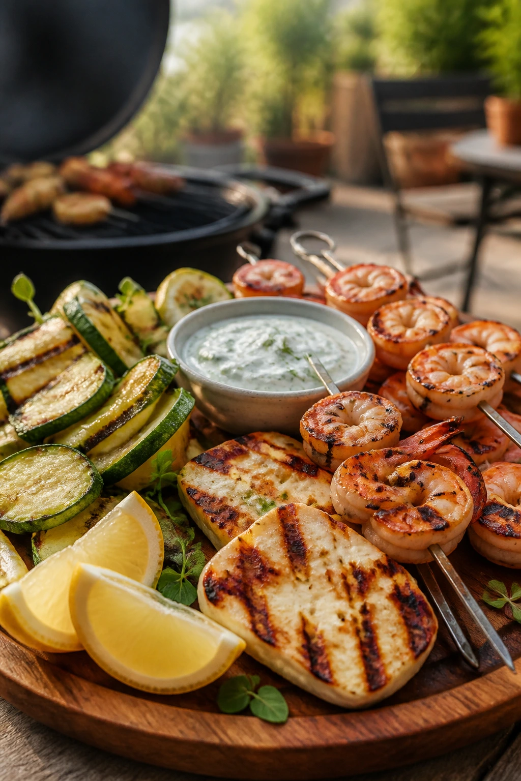 Grill board with halloumi, shrimp, zucchini outdoors