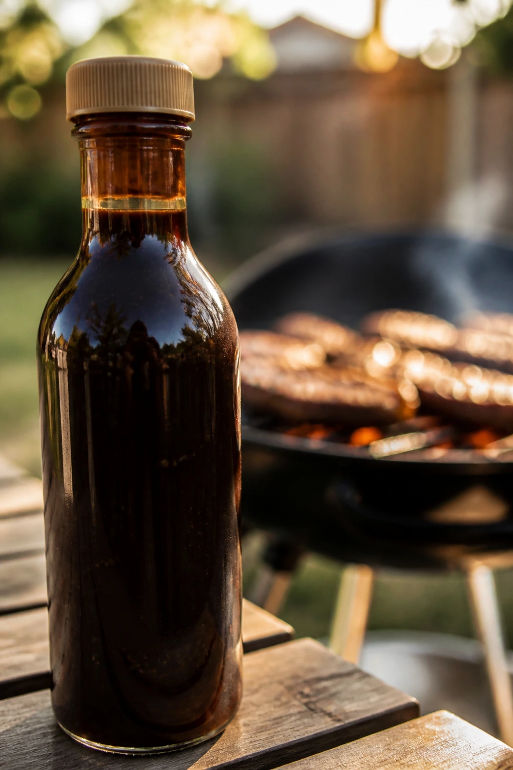 Close-up of a dark glass bottle against a grill backdrop