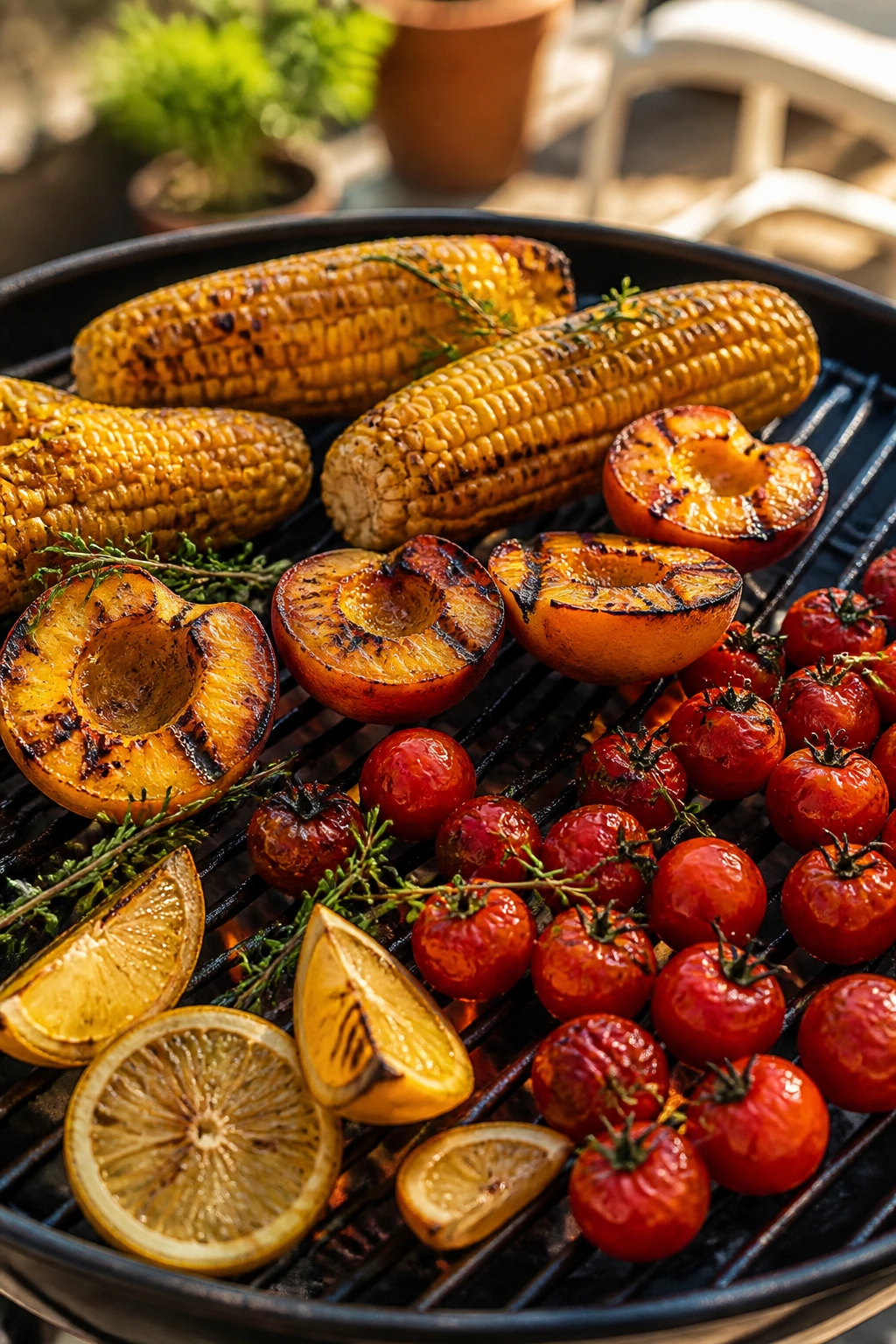 Close-up of a grill grate with corn, peaches, tomatoes, herbs, and citrus cooking over open flame