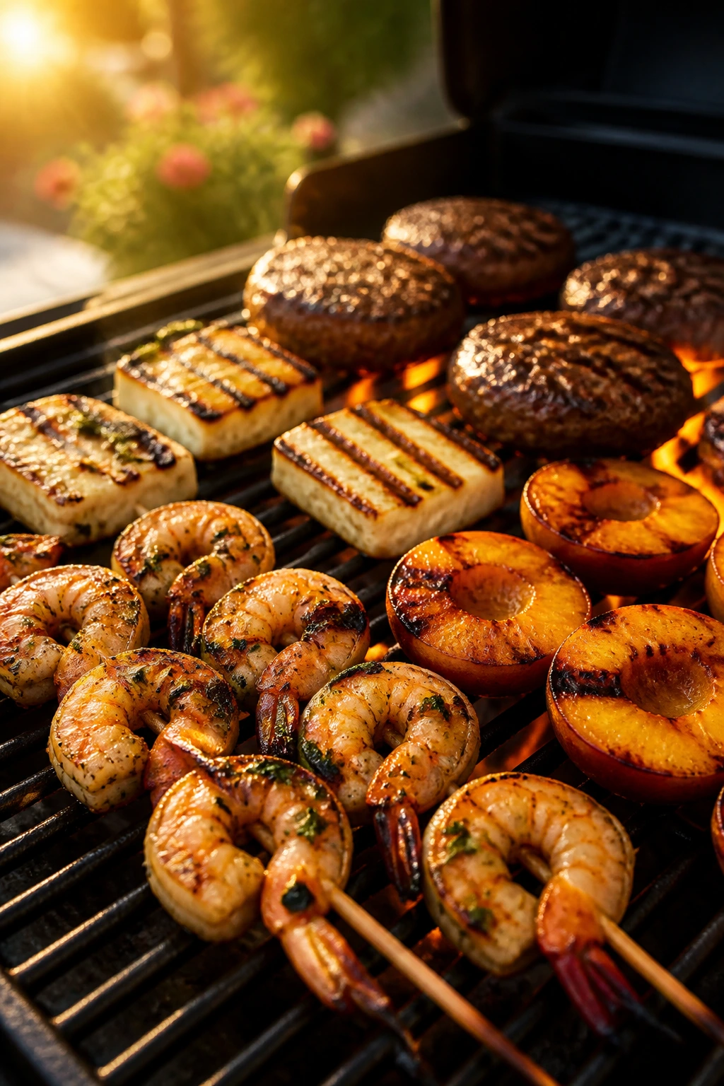 Close-up of a grill with a diverse lineup of summer foods cooking