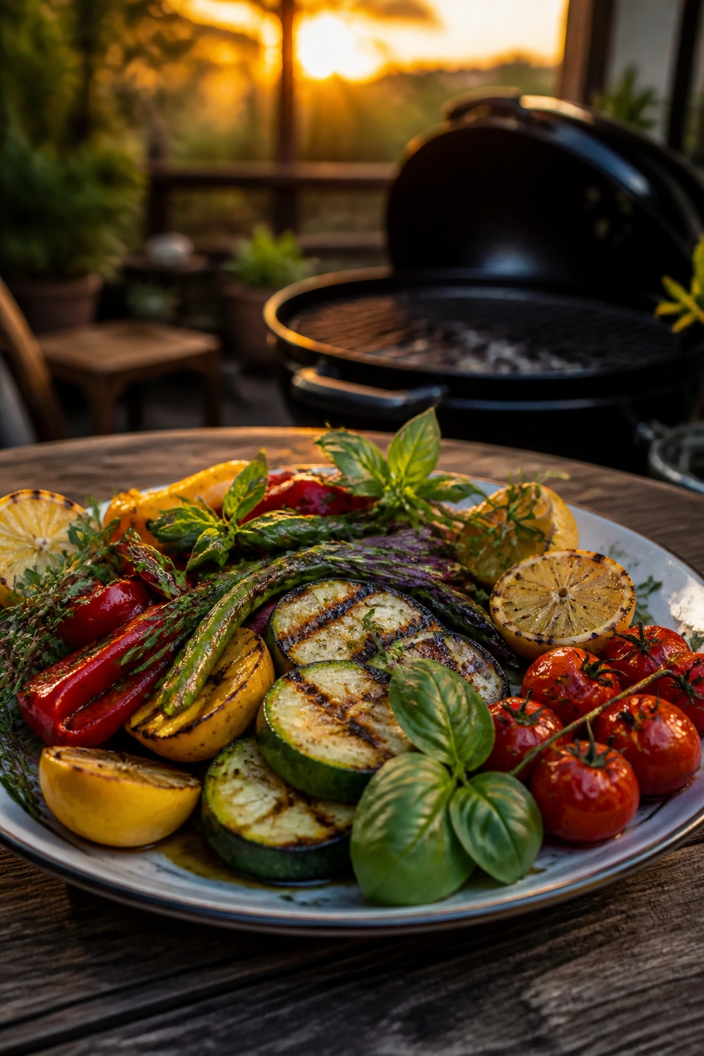 Plate of grilled vegetables bright with herbs on a table near a cooling grill