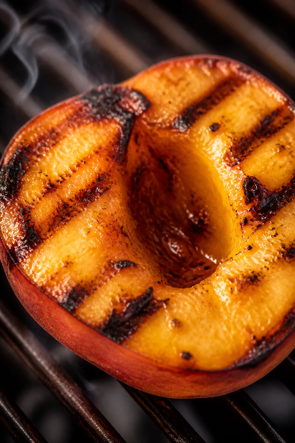 Grilled peach half with browning surface and smoke