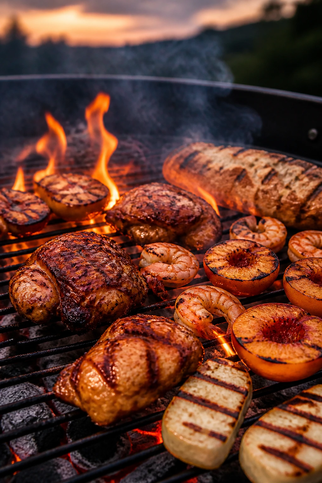 Grill grate with varied foods cooking amid smoke and flames