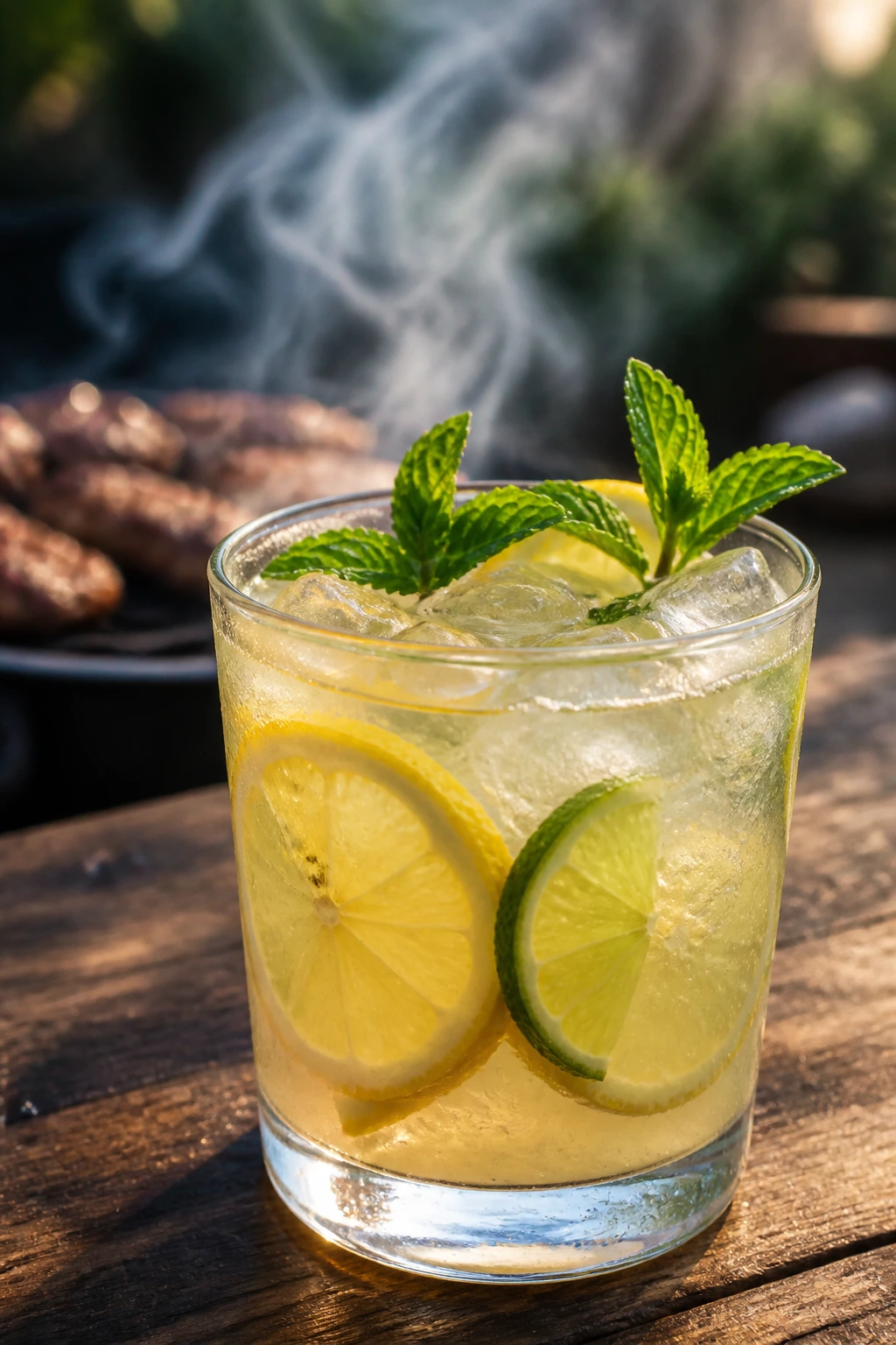 Citrus drink with ice against a smoky grill backdrop