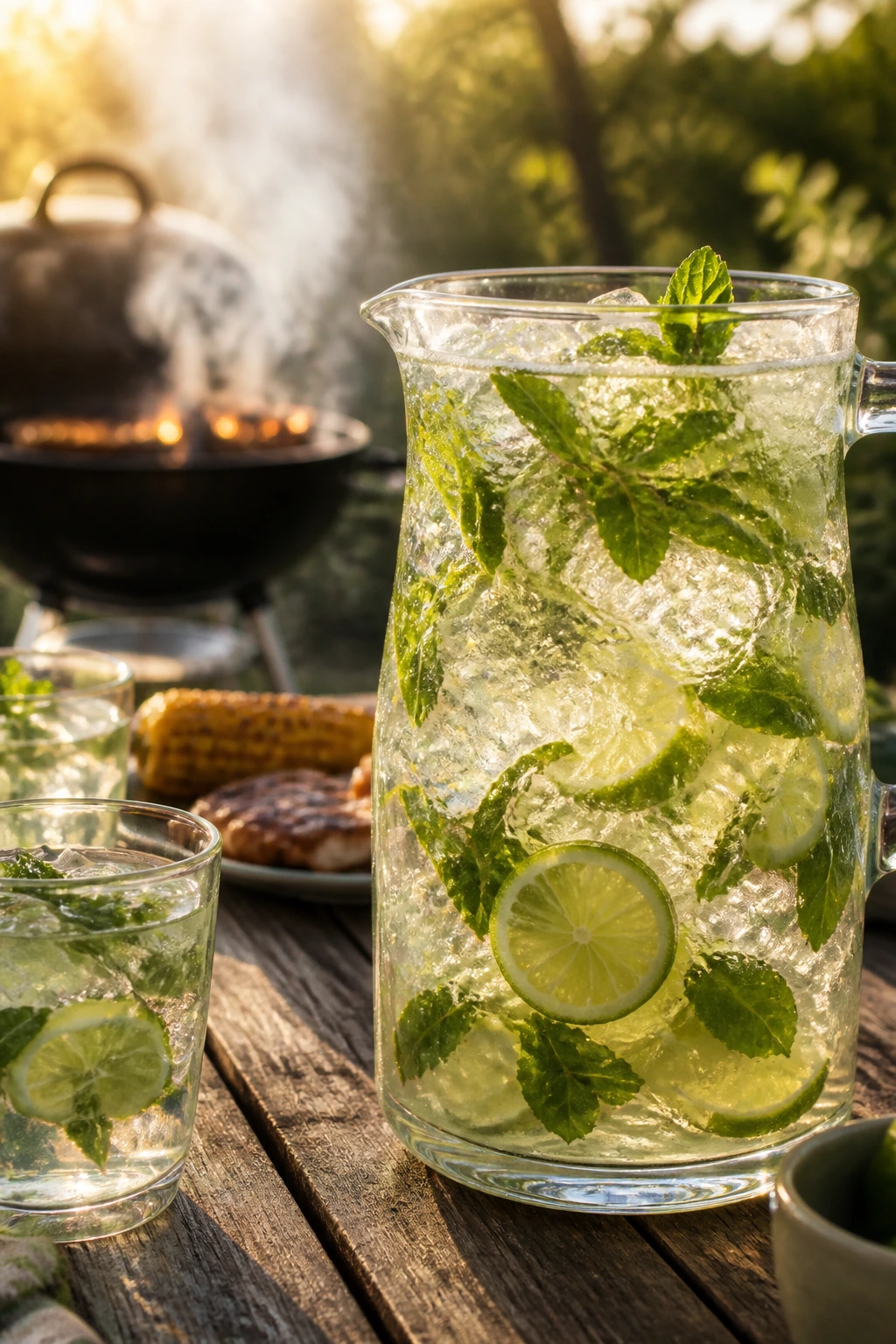 Close-up of citrus-herb drink pitcher on grill-side table with smoke in background