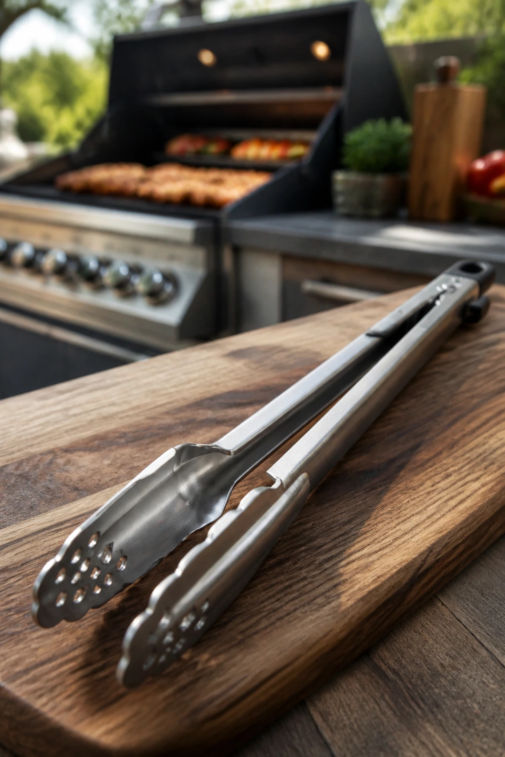 Close-up of long stainless-steel grill tongs on a wooden surface