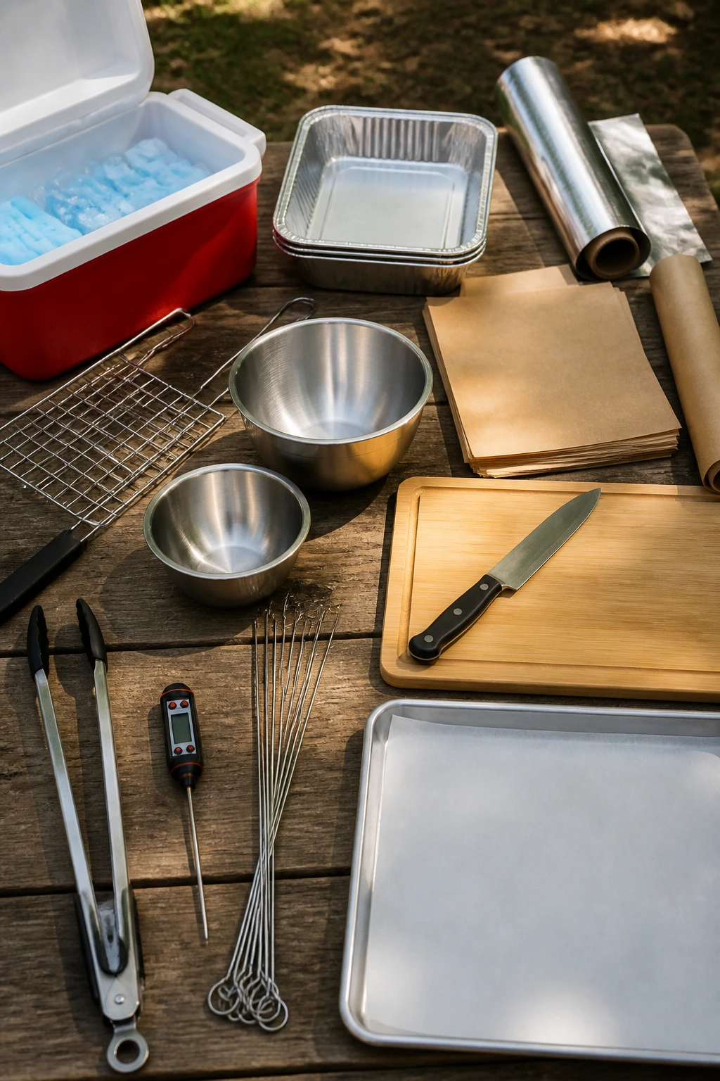 Neatly arranged grill tools and supplies on a wooden picnic table outdoors