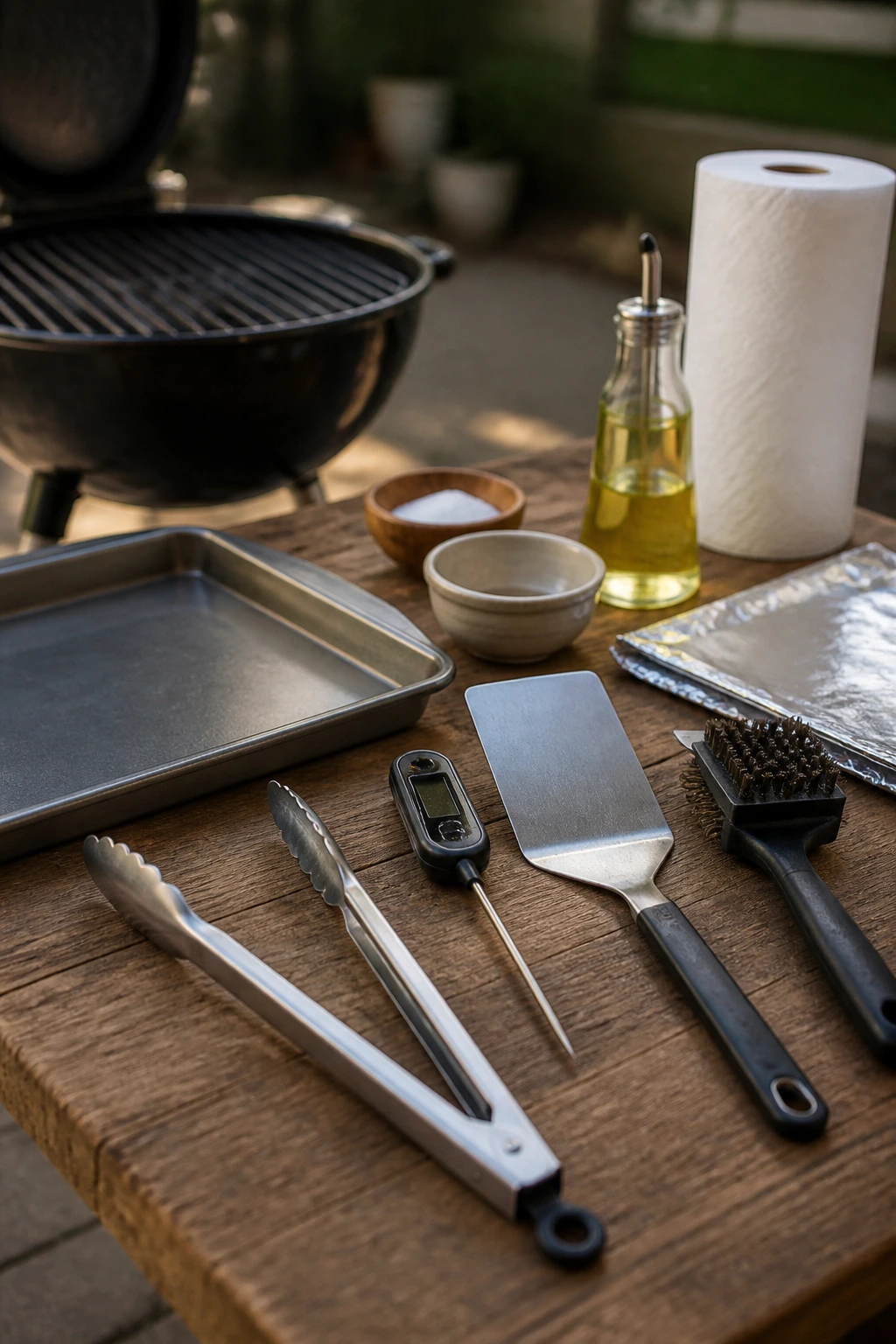 Grill tools and equipment arranged on table with grill in background