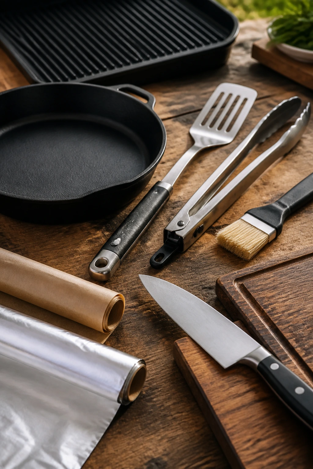 Close-up of essential grilling equipment for picnic sandwiches on a wooden counter