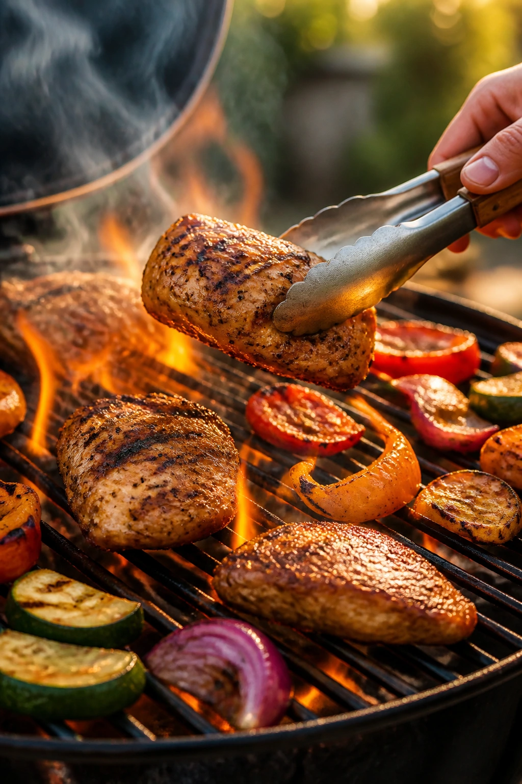 Close-up of a grill grate with flames and sizzling chicken on a backyard grill
